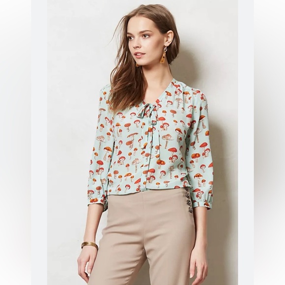 RARE Anthropologie Moulinette Soeurs Toadstool Mushroom Women’s Tie Front Blouse - Picture 2 of 14